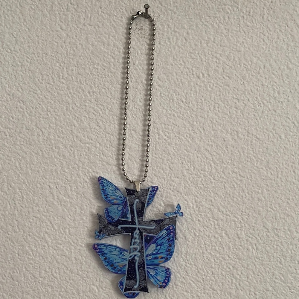 Blue Butterfly Cross Pendant Keychain - Women's Key & Card Holder